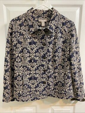 Chico’s Jacquard Marcissa Indigo Tan Paisley Denim Jacket Women’s Size Large 2